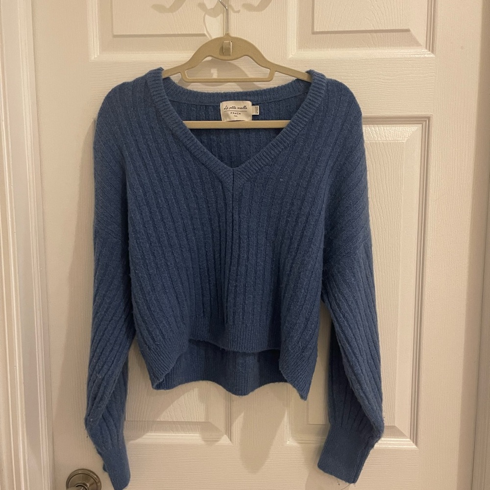 FRNCH Blue V-Neck Cropped Sweater